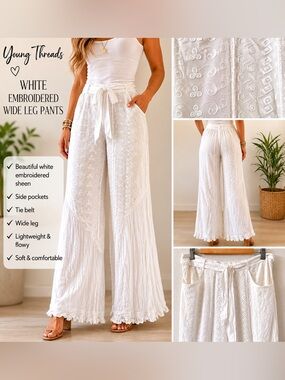 Young Threads White Embroidered Wide Leg Pants | Boho Cottagecore Resort XLG